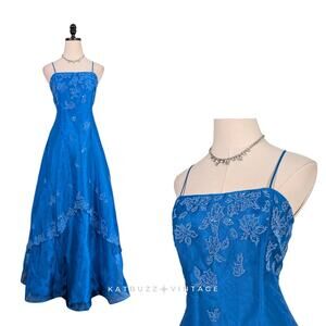 Vintage Prom Dress Maxi Gown S Blue Fairy Princess Glam A-Line Bead 90S Y2K Glam